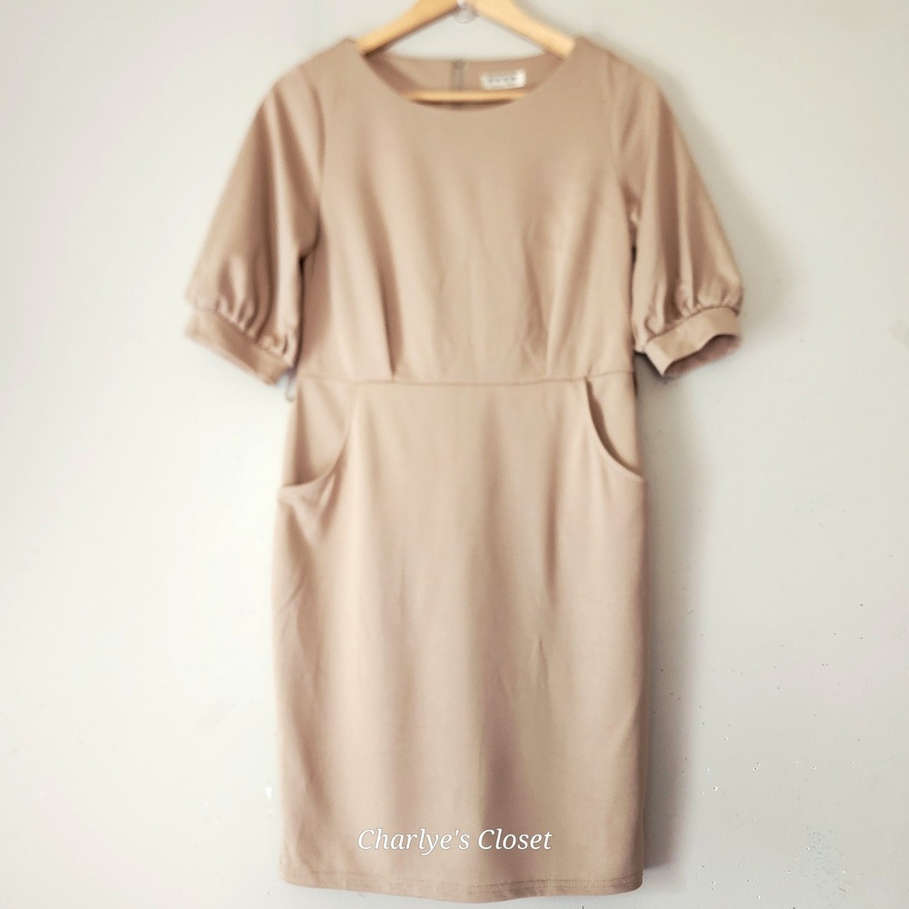 Easy Puff Sleeve Sheath Dress M Beige Pockets Officecore Interview Brunch